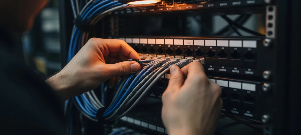 A technician's hands dressing bundled network cables into a rack-mounted patch panel under warm task light.