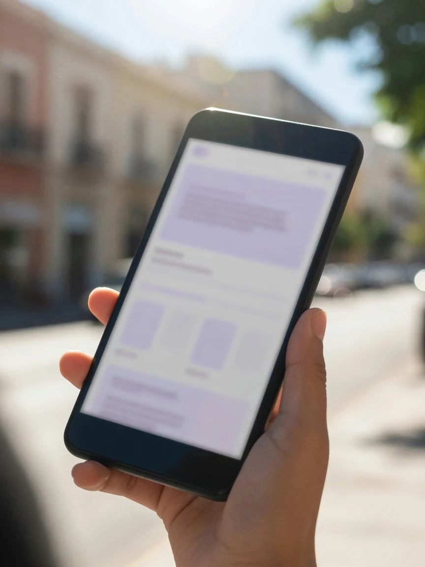 A hand holding a phone outdoors in bright daylight, the screen showing a soft out-of-focus page layout, the street blurred behind.